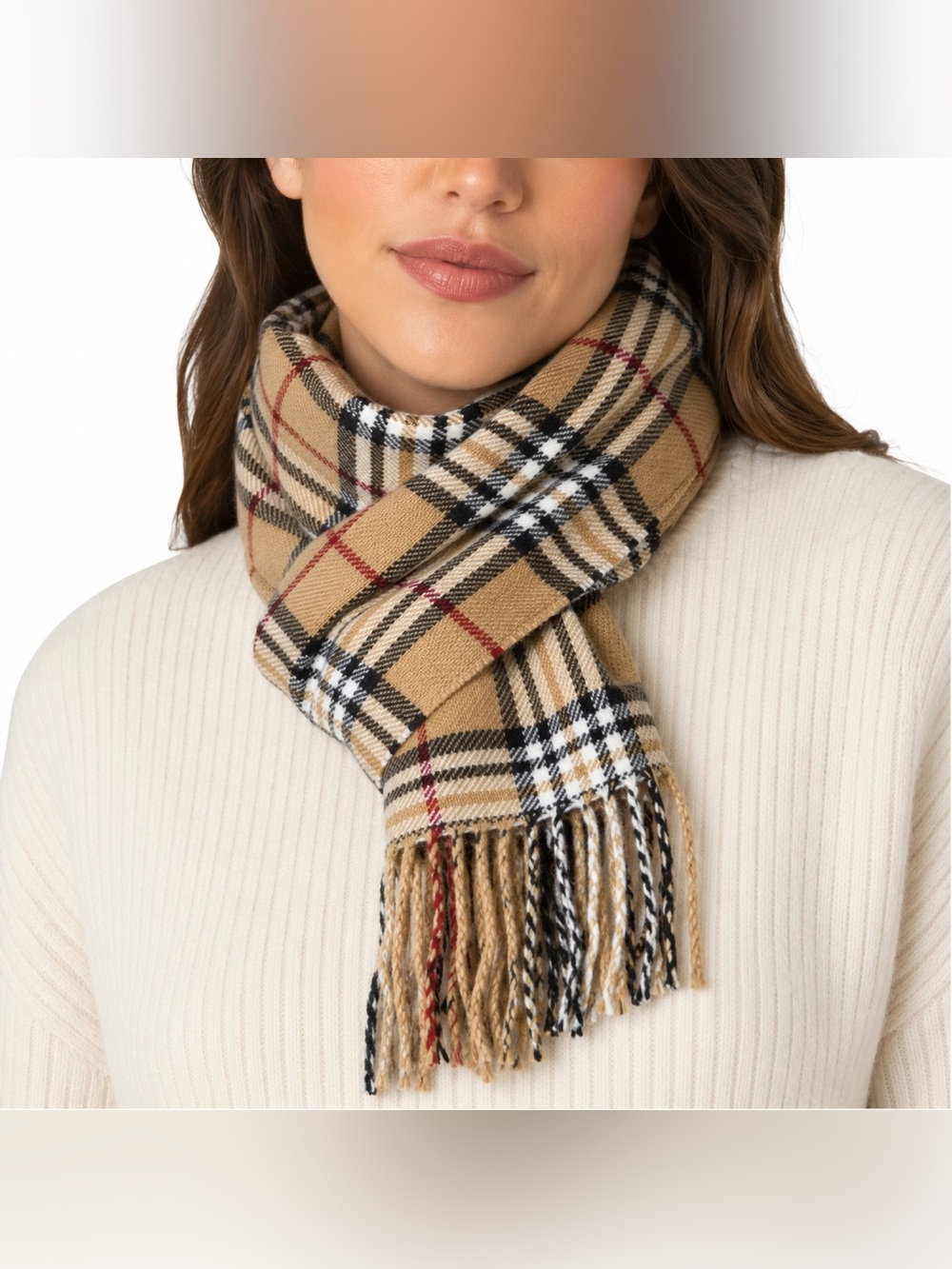 V.FRAAS Beige Plaid Fringe Scarf 65” x 12” Classic Tartan Wrap